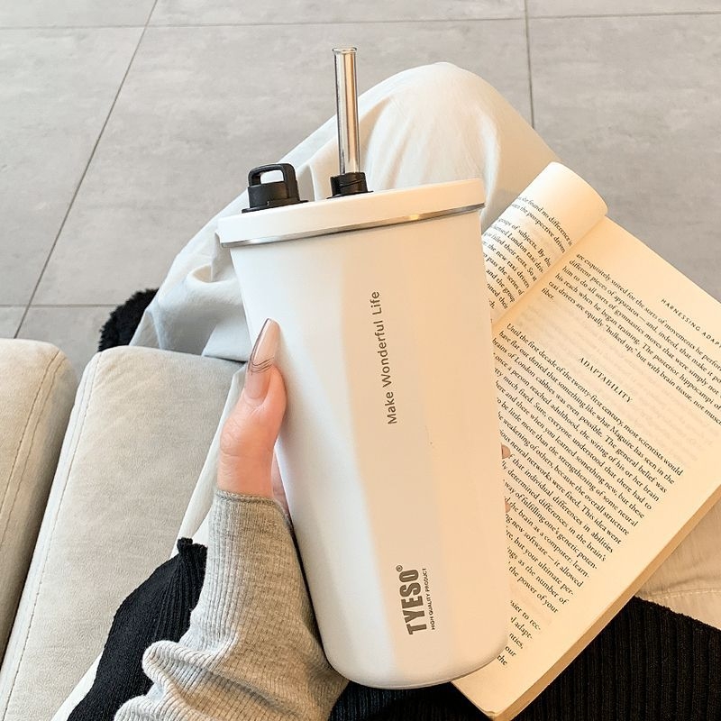 Cană termoizolantă din oțel inox cu pai, design simplu, model nou 2025, pentru cafea la drum, pentru elevi