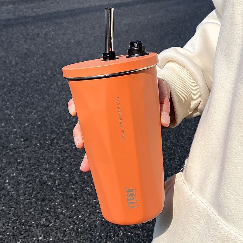 Cană termoizolantă din oțel inox cu pai, design simplu, model nou 2025, pentru cafea la drum, pentru elevi