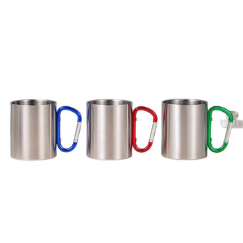 Cană izolată termic cu carabinieră și mâner, din oțel inoxidabil cu pereți dubli, pentru camping, 330 ml/220 ml