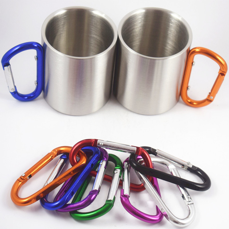 Cană izolată termic cu carabinieră și mâner, din oțel inoxidabil cu pereți dubli, pentru camping, 330 ml/220 ml