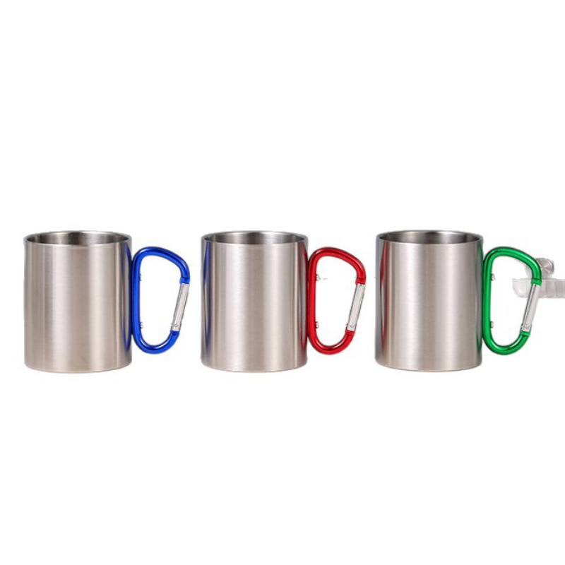 Cană izolată termic cu carabinieră și mâner, din oțel inoxidabil cu pereți dubli, pentru camping, 330 ml/220 ml