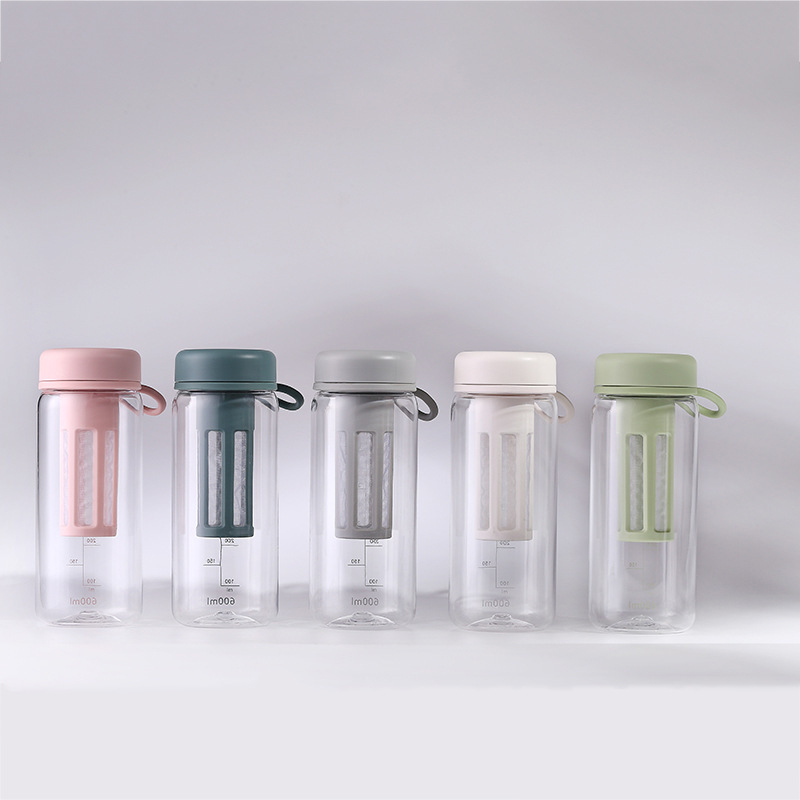 Pahar din plastic cu infuzor de ceai, portabil, cu pereți dubli, transparent, cu scară de măsurare pentru ceai și cafea