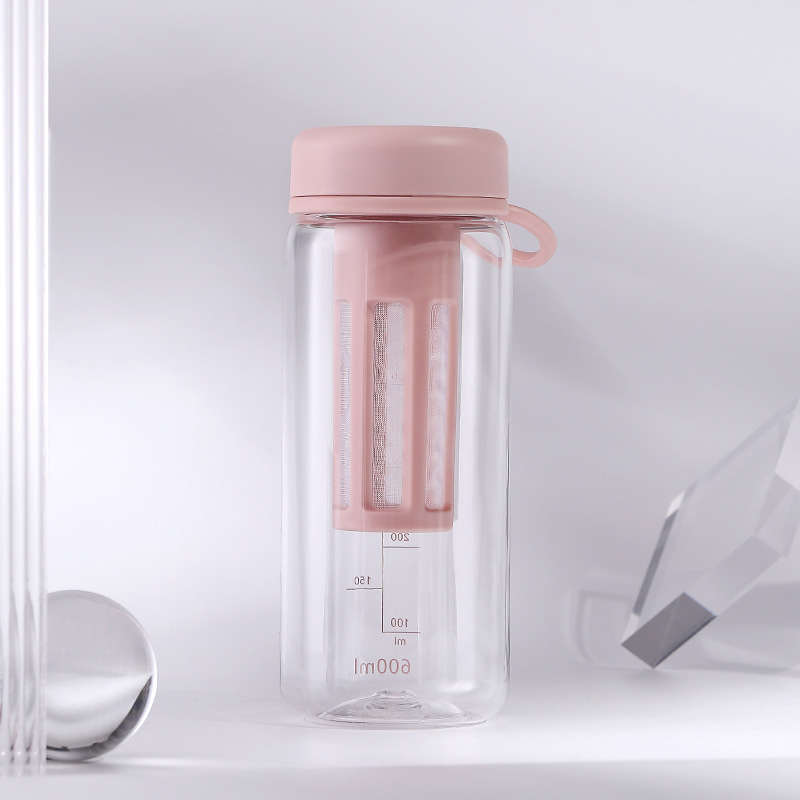 Pahar din plastic cu infuzor de ceai, portabil, cu pereți dubli, transparent, cu scară de măsurare pentru ceai și cafea