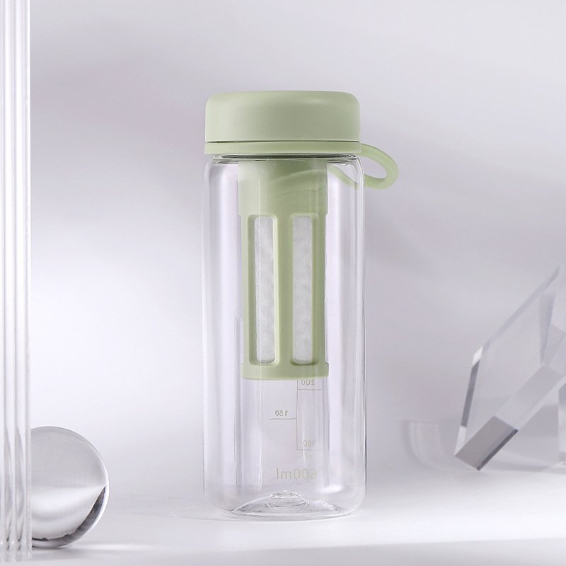 Pahar din plastic cu infuzor de ceai, portabil, cu pereți dubli, transparent, cu scară de măsurare pentru ceai și cafea