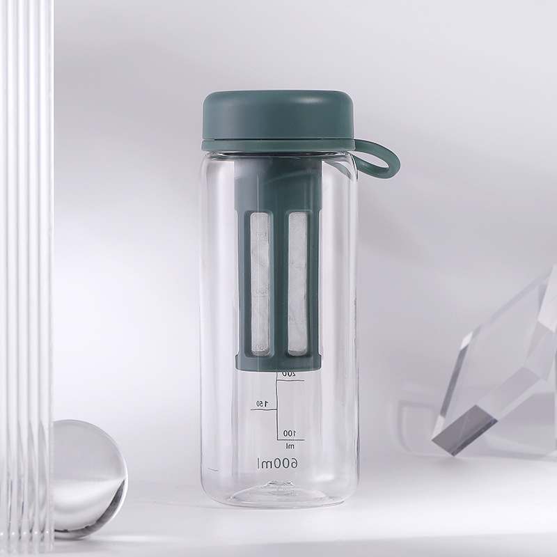 Pahar din plastic cu infuzor de ceai, portabil, cu pereți dubli, transparent, cu scară de măsurare pentru ceai și cafea