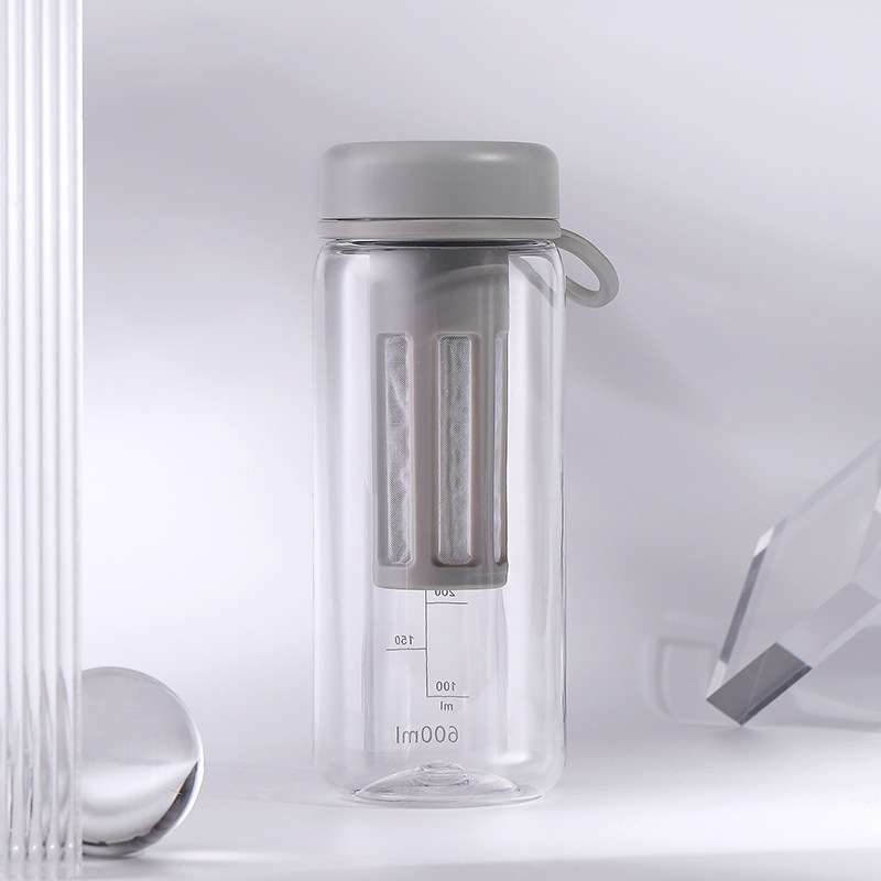 Pahar din plastic cu infuzor de ceai, portabil, cu pereți dubli, transparent, cu scară de măsurare pentru ceai și cafea