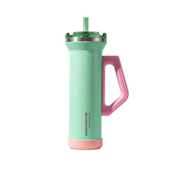 Pahar auto din oțel inoxidabil, 1080 ml, cu mâner, izolație în vid, capac cu pai