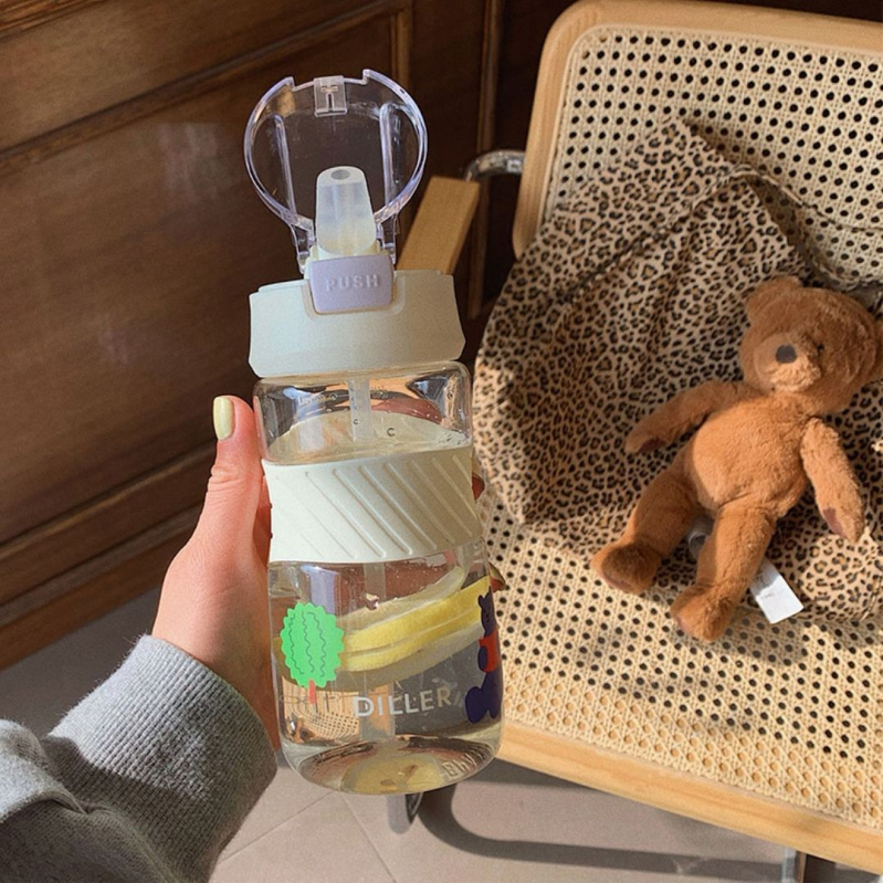 Pahar de apă din plastic în stil coreean, capacitate mare, portabil cu pai, pahar mat și transparent pentru sport și fitness
