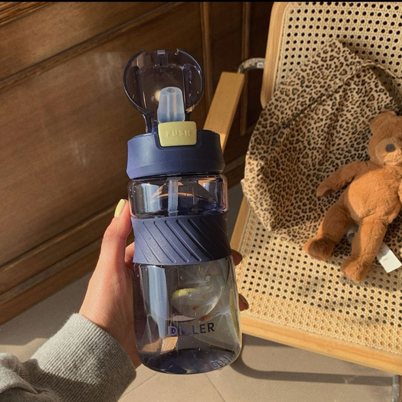 Pahar de apă din plastic în stil coreean, capacitate mare, portabil cu pai, pahar mat și transparent pentru sport și fitness