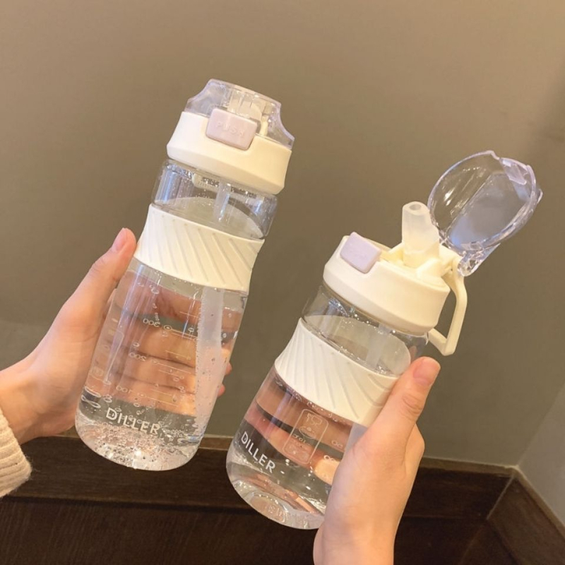 Pahar de apă din plastic în stil coreean, capacitate mare, portabil cu pai, pahar mat și transparent pentru sport și fitness