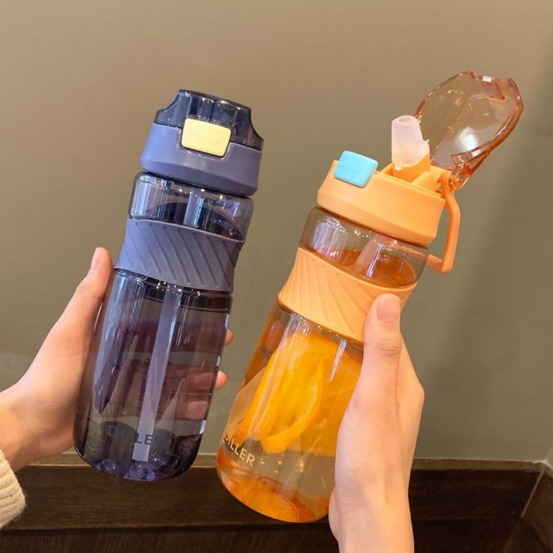 Pahar de apă din plastic în stil coreean, capacitate mare, portabil cu pai, pahar mat și transparent pentru sport și fitness