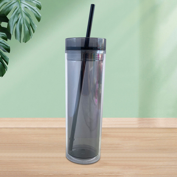 Pahar din plastic cu pai, pereți dubli, transparent, cilindric, 500 ml, în mai multe culori