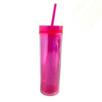 Pahar din plastic cu pai, pereți dubli, transparent, cilindric, 500 ml, în mai multe culori