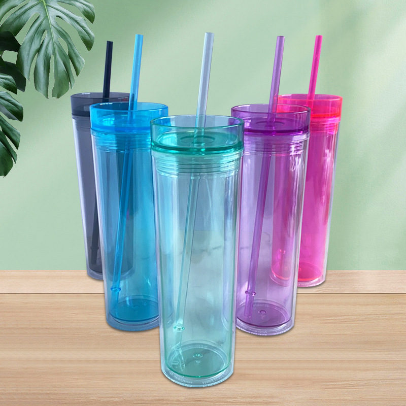 Pahar din plastic cu pai, pereți dubli, transparent, cilindric, 500 ml, în mai multe culori