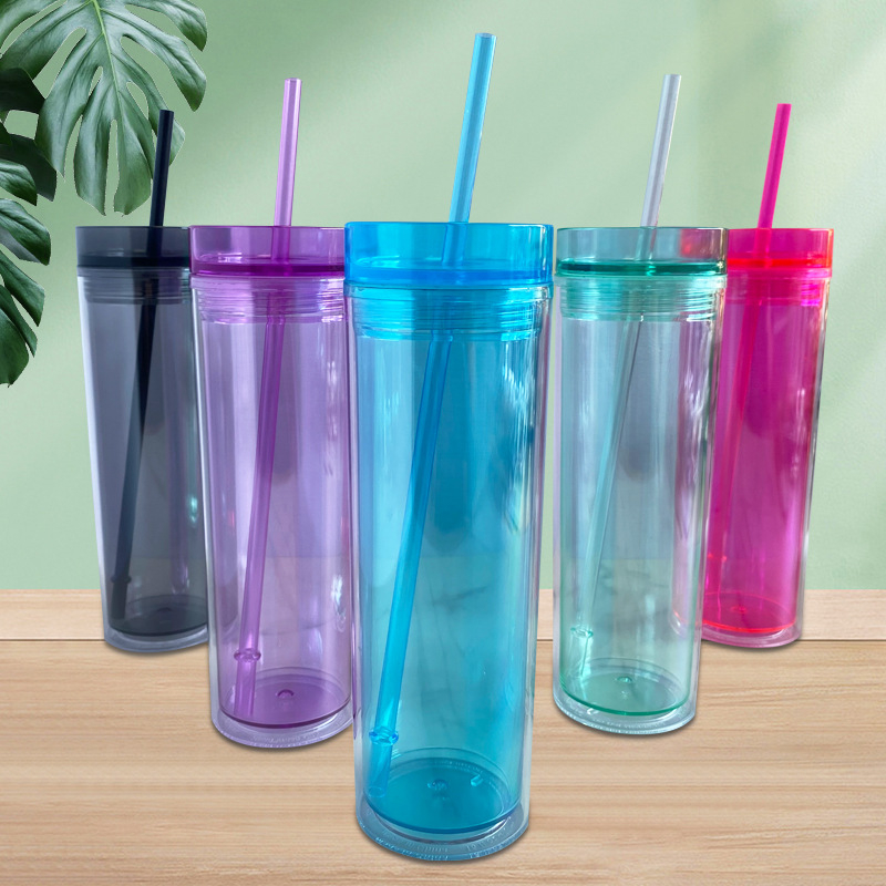 Pahar din plastic cu pai, pereți dubli, transparent, cilindric, 500 ml, în mai multe culori