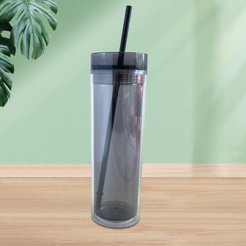Pahar din plastic cu pai, pereți dubli, transparent, cilindric, 500 ml, în mai multe culori