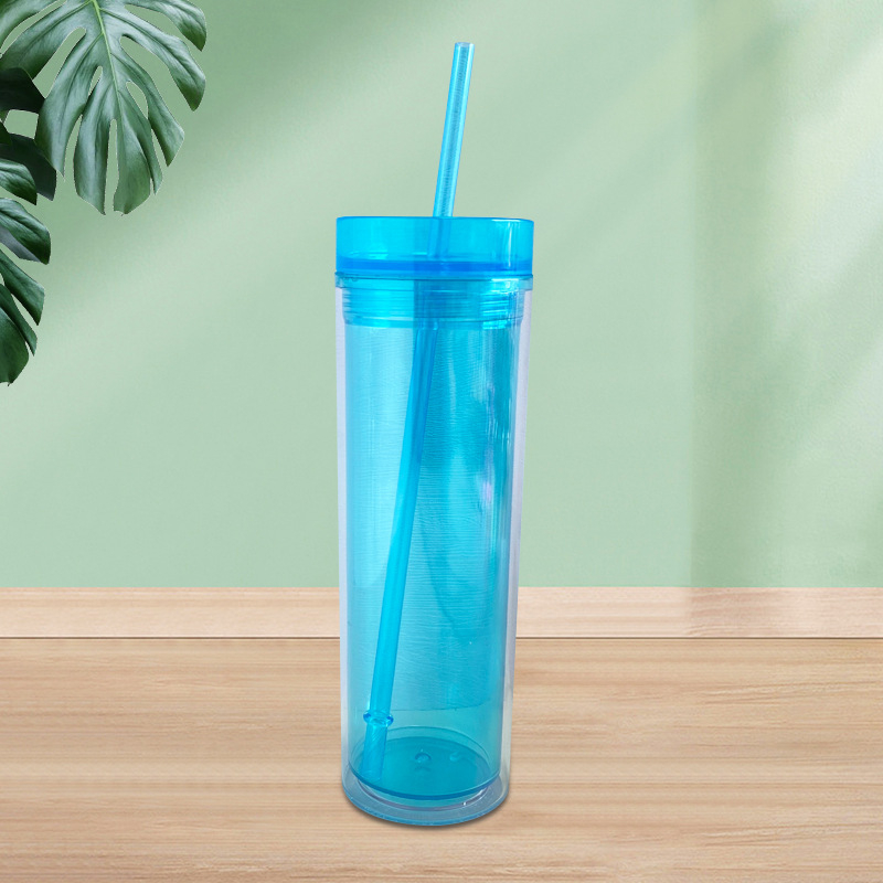 Pahar din plastic cu pai, pereți dubli, transparent, cilindric, 500 ml, în mai multe culori