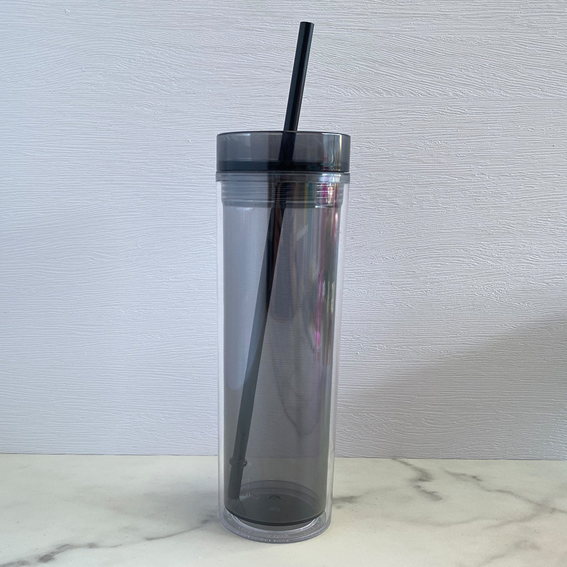 Pahar din plastic cu pai, pereți dubli, transparent, cilindric, 500 ml, în mai multe culori