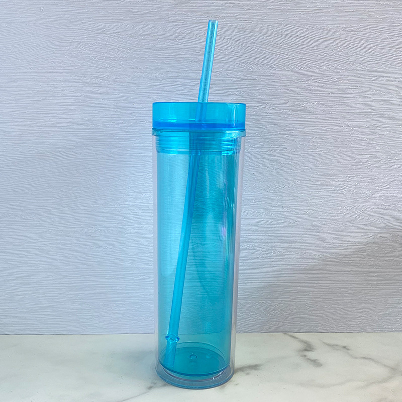 Pahar din plastic cu pai, pereți dubli, transparent, cilindric, 500 ml, în mai multe culori