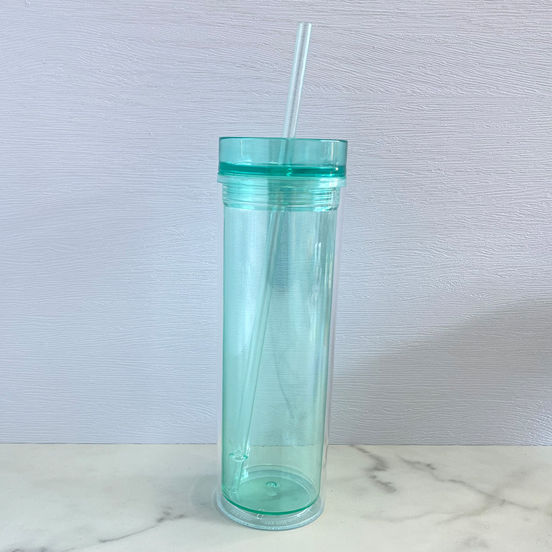 Pahar din plastic cu pai, pereți dubli, transparent, cilindric, 500 ml, în mai multe culori