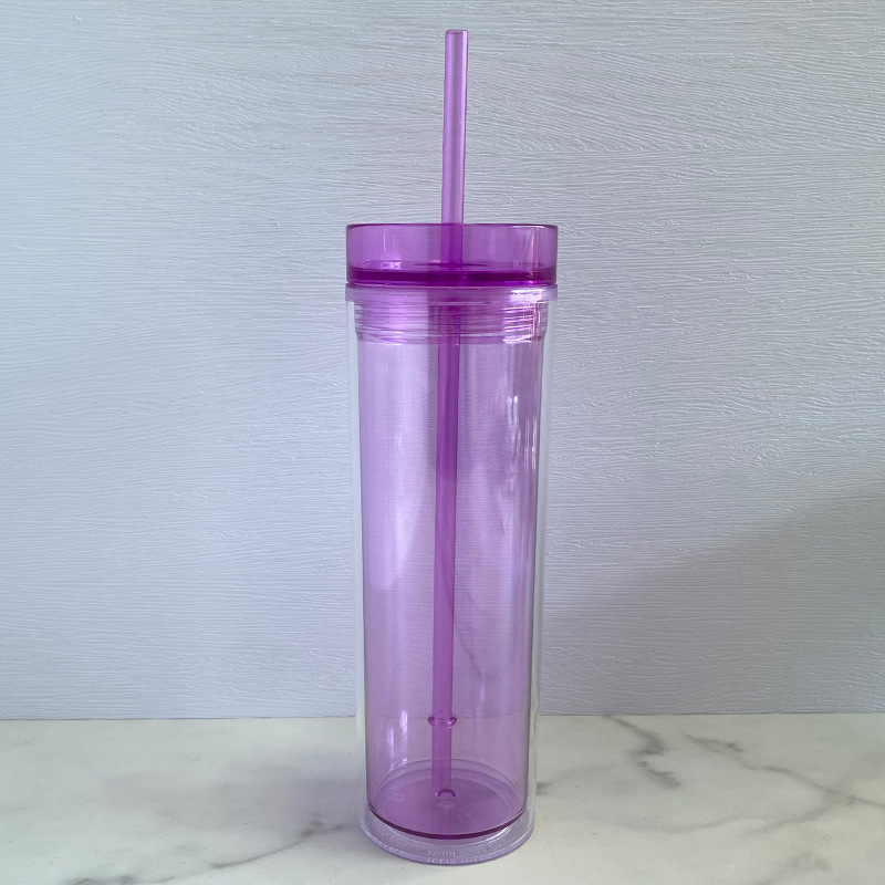 Pahar din plastic cu pai, pereți dubli, transparent, cilindric, 500 ml, în mai multe culori
