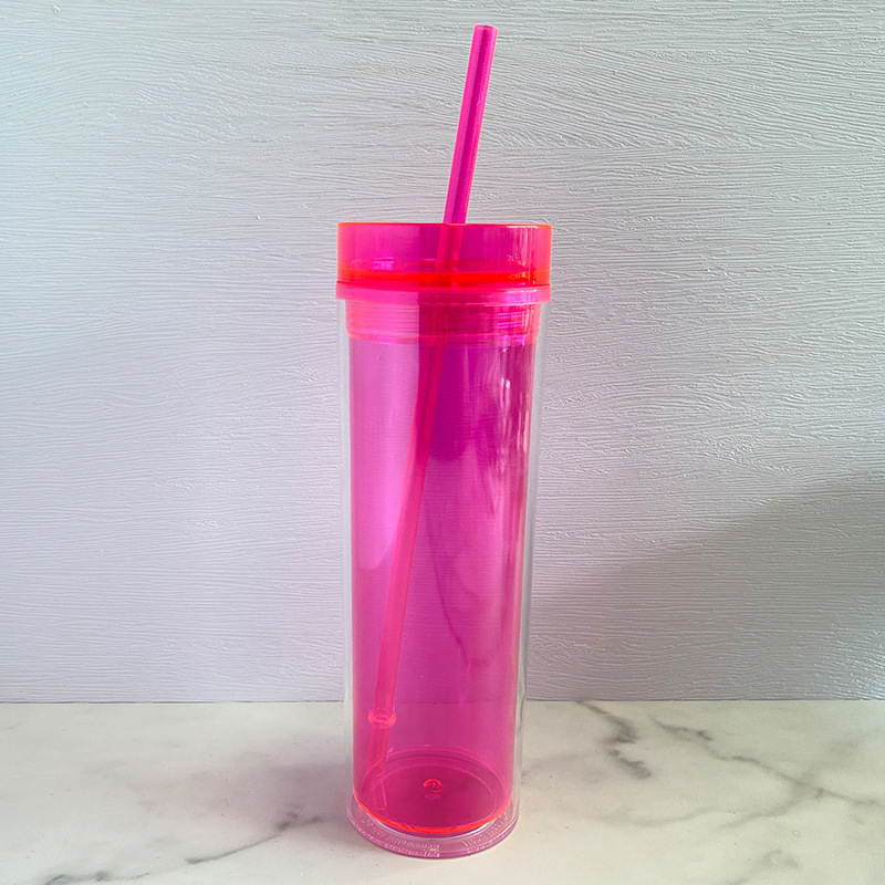 Pahar din plastic cu pai, pereți dubli, transparent, cilindric, 500 ml, în mai multe culori