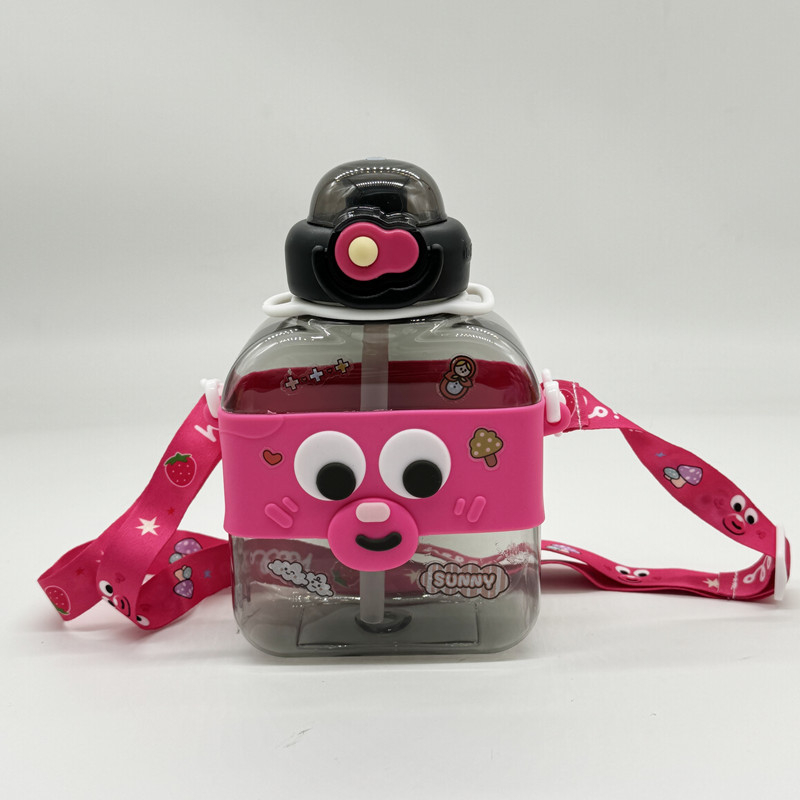 Cană pentru copii cu temă spațială, ochi mari, design pătrat, curea crossbody, pentru exterior, capacitate mare pentru băut direct