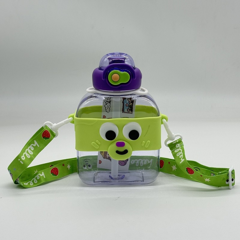 Cană pentru copii cu temă spațială, ochi mari, design pătrat, curea crossbody, pentru exterior, capacitate mare pentru băut direct