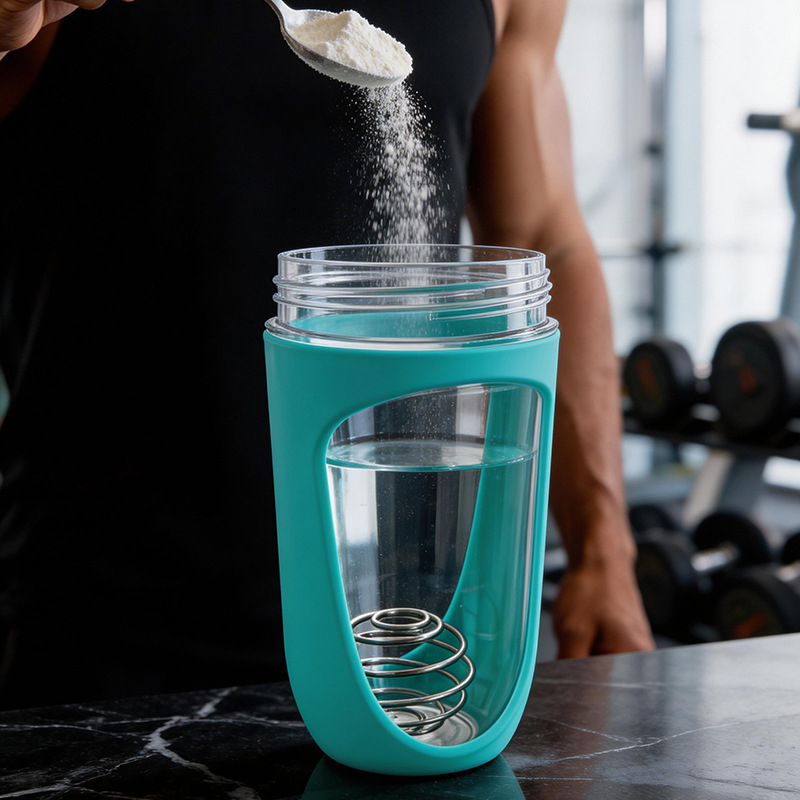 Cana shaker din plastic, 680 ml, pentru pudră proteică și milkshake – pereți dubli, etanș, cu logo personalizat