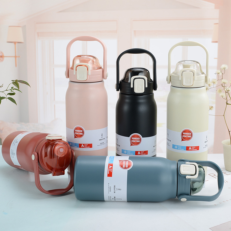 Termos pentru băut cu capac pop-up și pai, izolație vid, capacitate mare, interior din oțel inoxidabil 304, exterior 201, pentru sport și activități în aer liber
