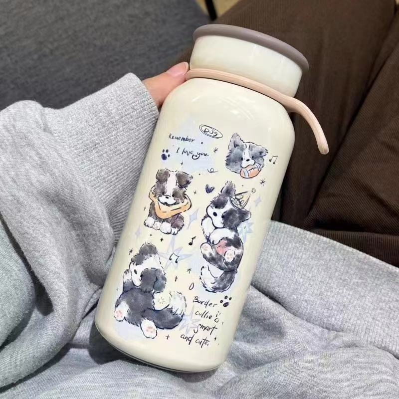 Termos inspirat de stil japonez, cu motiv de cățeluș, interior din oțel inoxidabil 304, exterior din 201, portabil pentru studenți