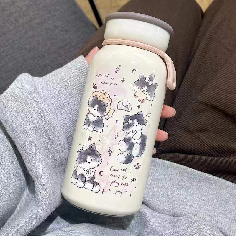 Termos inspirat de stil japonez, cu motiv de cățeluș, interior din oțel inoxidabil 304, exterior din 201, portabil pentru studenți