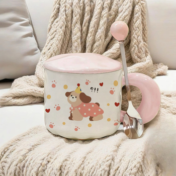 Ceașcă ceramică cu design drăguț de cățeluș, set cadou într-o cutie, cadou de ziua fetei, ceașcă pentru micul dejun