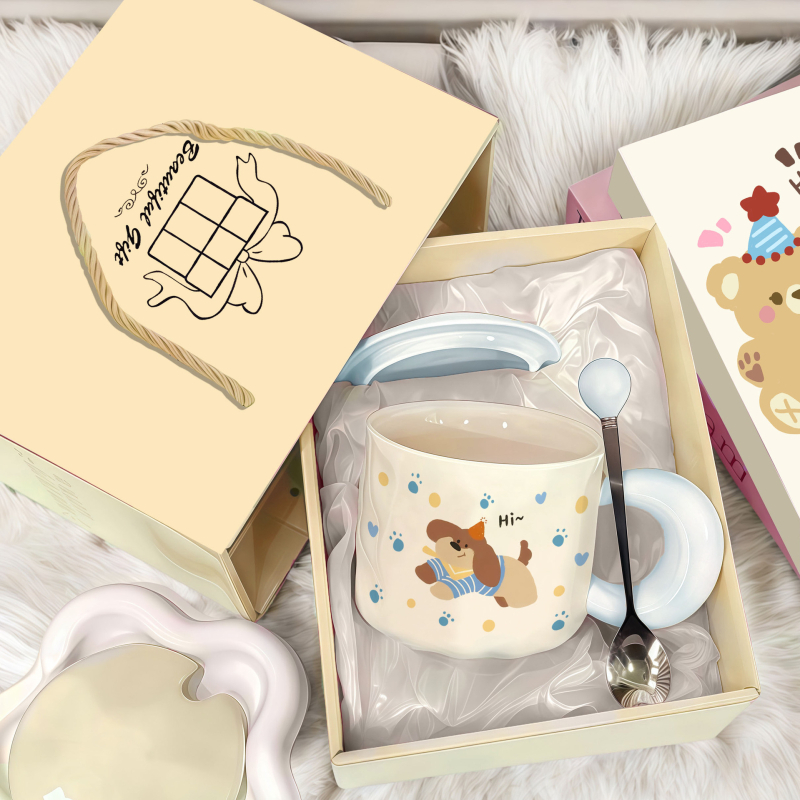 Ceașcă ceramică cu design drăguț de cățeluș, set cadou într-o cutie, cadou de ziua fetei, ceașcă pentru micul dejun