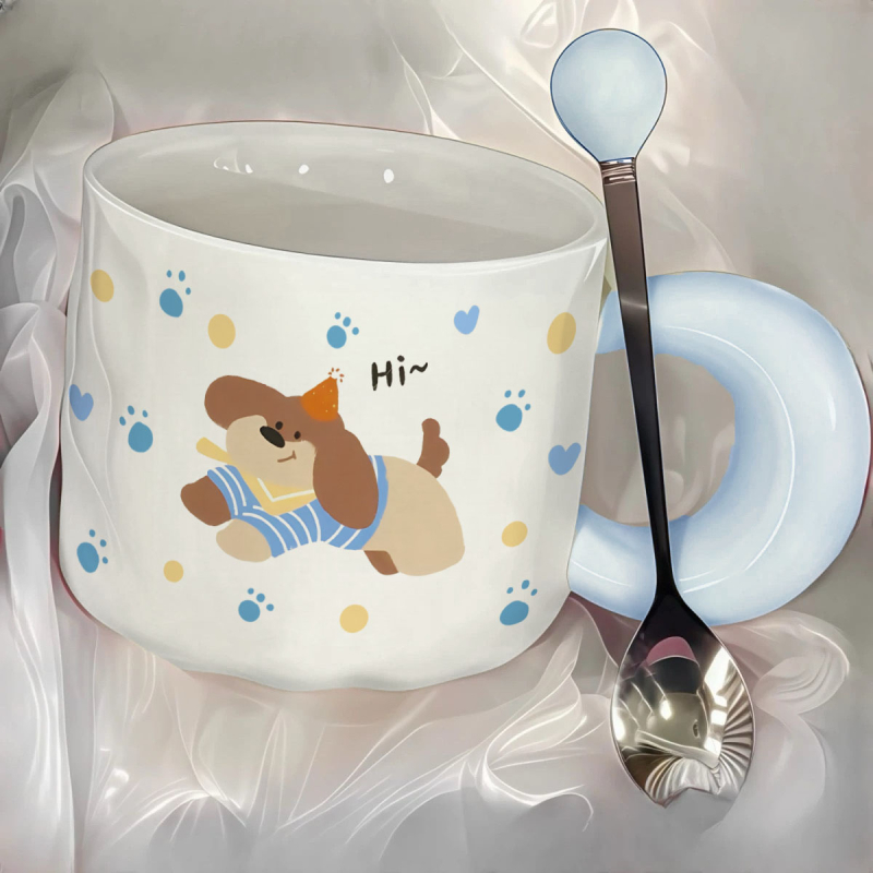 Ceașcă ceramică cu design drăguț de cățeluș, set cadou într-o cutie, cadou de ziua fetei, ceașcă pentru micul dejun
