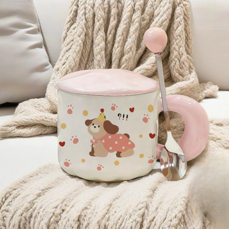 Ceașcă ceramică cu design drăguț de cățeluș, set cadou într-o cutie, cadou de ziua fetei, ceașcă pentru micul dejun