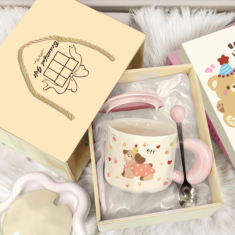 Ceașcă ceramică cu design drăguț de cățeluș, set cadou într-o cutie, cadou de ziua fetei, ceașcă pentru micul dejun