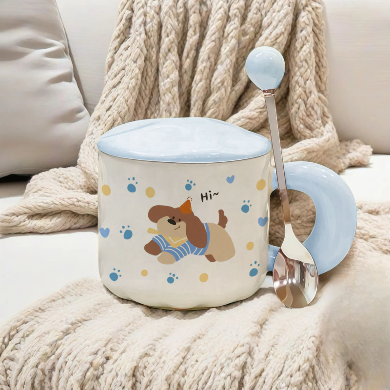 Ceașcă ceramică cu design drăguț de cățeluș, set cadou într-o cutie, cadou de ziua fetei, ceașcă pentru micul dejun