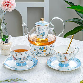 Set britanic pentru ceaiul de după-amiază: ceainic pentru ceaiuri cu fructe, căni Lux cu cafea, ceașcă încălzită cu lumânare, model floral, finisaj glazurat, cutie cadou