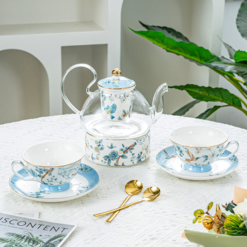Set britanic pentru ceaiul de după-amiază: ceainic pentru ceaiuri cu fructe, căni Lux cu cafea, ceașcă încălzită cu lumânare, model floral, finisaj glazurat, cutie cadou