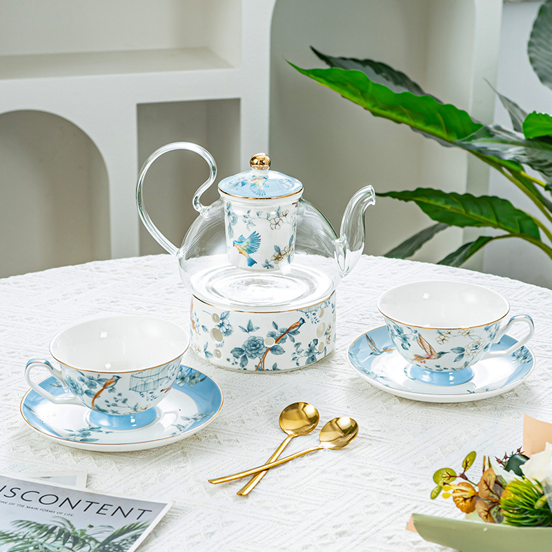 Set britanic pentru ceaiul de după-amiază: ceainic pentru ceaiuri cu fructe, căni Lux cu cafea, ceașcă încălzită cu lumânare, model floral, finisaj glazurat, cutie cadou