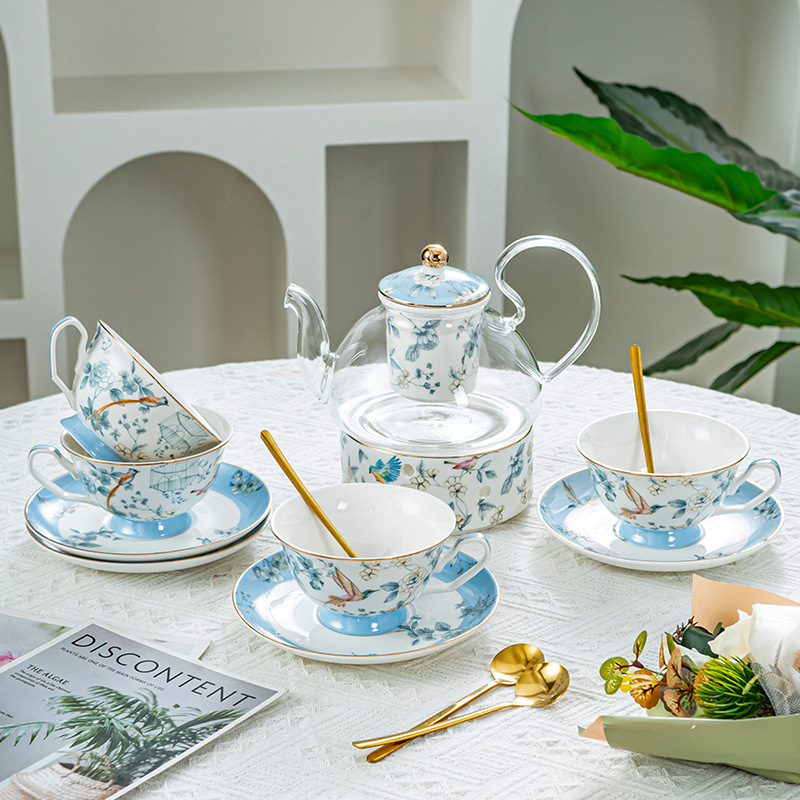Set britanic pentru ceaiul de după-amiază: ceainic pentru ceaiuri cu fructe, căni Lux cu cafea, ceașcă încălzită cu lumânare, model floral, finisaj glazurat, cutie cadou