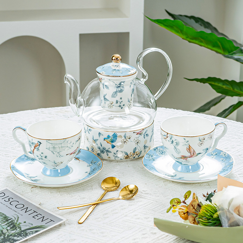 Set britanic pentru ceaiul de după-amiază: ceainic pentru ceaiuri cu fructe, căni Lux cu cafea, ceașcă încălzită cu lumânare, model floral, finisaj glazurat, cutie cadou