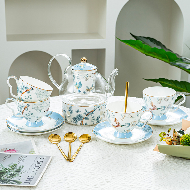 Set britanic pentru ceaiul de după-amiază: ceainic pentru ceaiuri cu fructe, căni Lux cu cafea, ceașcă încălzită cu lumânare, model floral, finisaj glazurat, cutie cadou