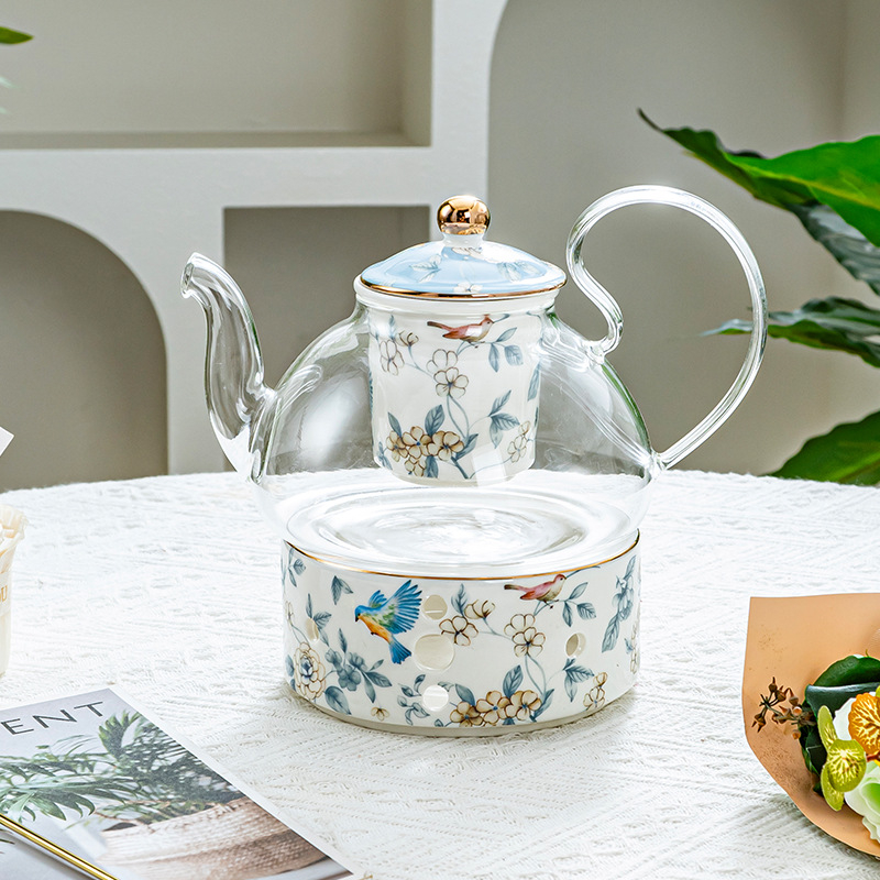 Set britanic pentru ceaiul de după-amiază: ceainic pentru ceaiuri cu fructe, căni Lux cu cafea, ceașcă încălzită cu lumânare, model floral, finisaj glazurat, cutie cadou