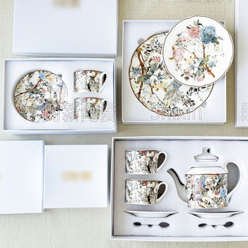 Set european de ceai și cafea, cu cești și farfurioare, seria Flori și Păsări, farfurii plate pentru cină, cutie cadou