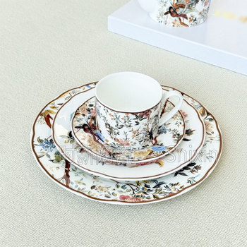 Set european de ceai și cafea, cu cești și farfurioare, seria Flori și Păsări, farfurii plate pentru cină, cutie cadou