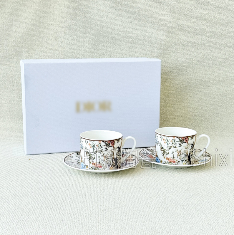 Set european de ceai și cafea, cu cești și farfurioare, seria Flori și Păsări, farfurii plate pentru cină, cutie cadou