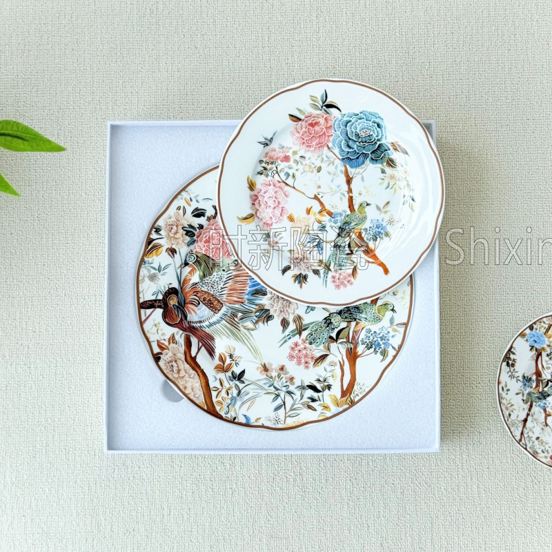 Set european de ceai și cafea, cu cești și farfurioare, seria Flori și Păsări, farfurii plate pentru cină, cutie cadou
