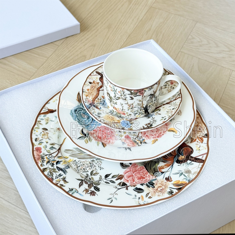Set european de ceai și cafea, cu cești și farfurioare, seria Flori și Păsări, farfurii plate pentru cină, cutie cadou
